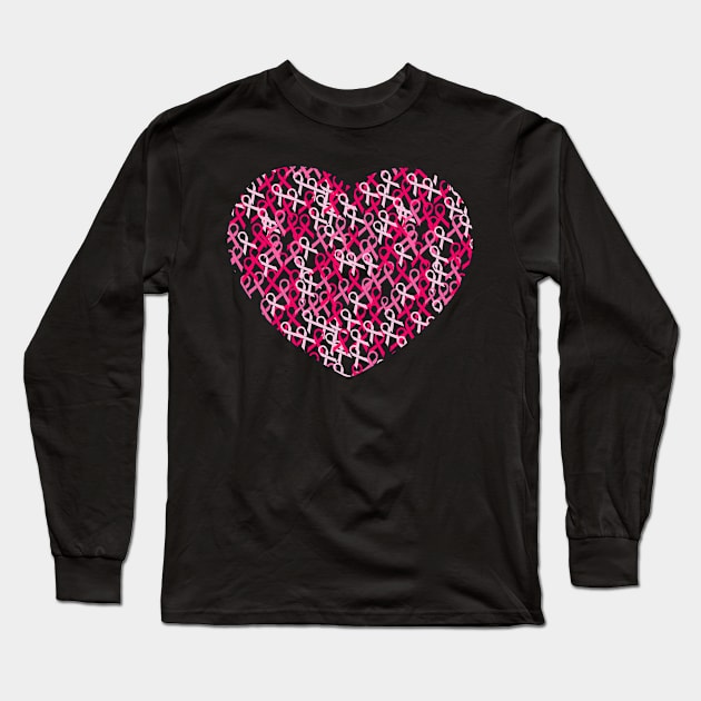 Cancer Awareness Pink Ribbons Heart Long Sleeve T-Shirt by LetsBeginDesigns